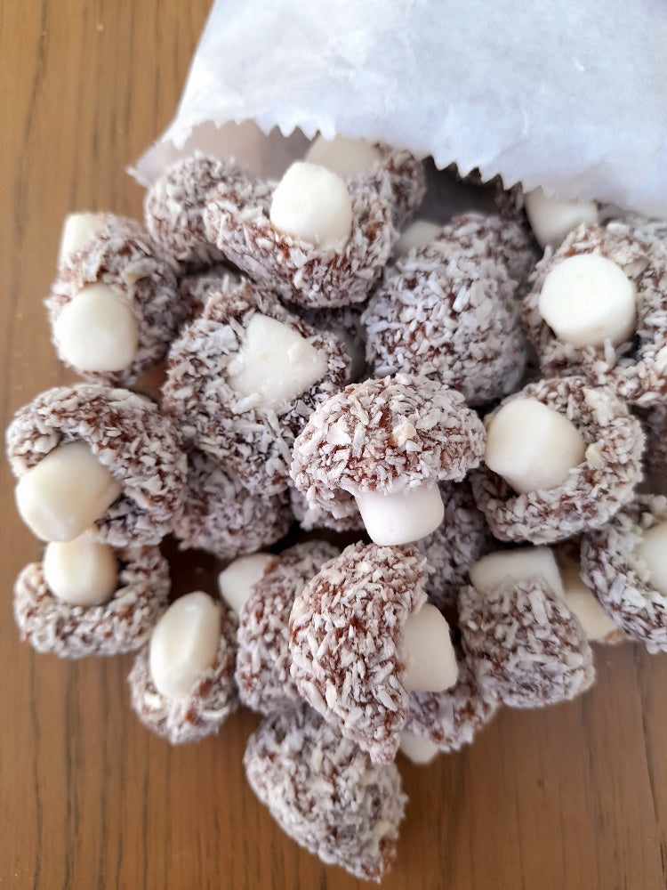 Coconut Mushrooms - Mushroom shaped chewy sweets coated in coconut flakes (100g)