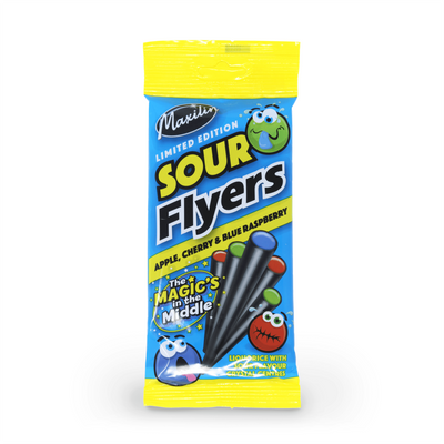 Sour Flyers (75g bag) - Liquorice sticks filled with sour fruit flavoured crystallised sugar centres