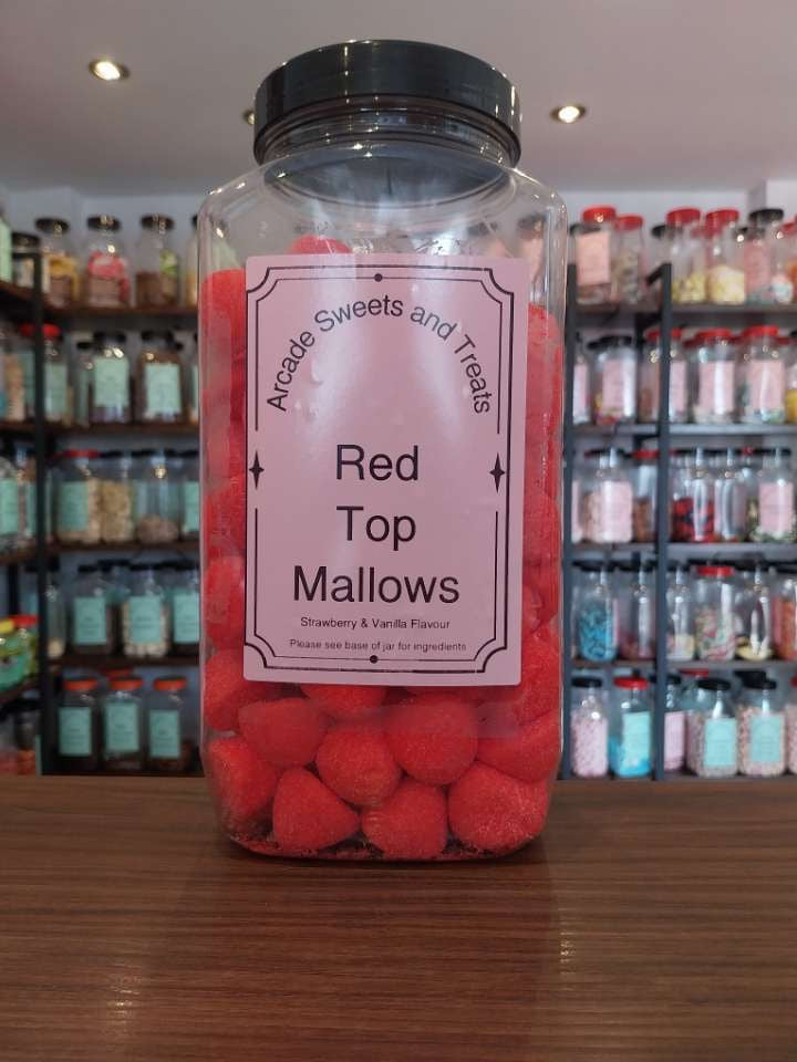 Red Top Mallows - sugar coated strawberry and vanilla flavoured marshmallows