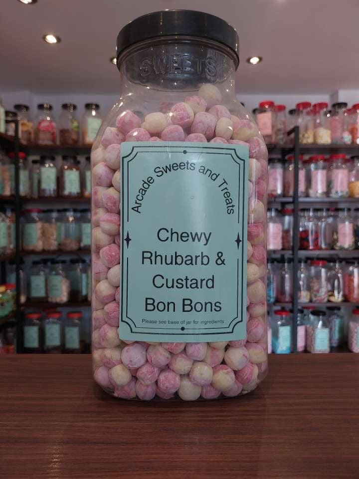 Chewy Rhubarb & Custard Bon Bons - sugar dusted rhubarb and custard flavoured chewy sweets